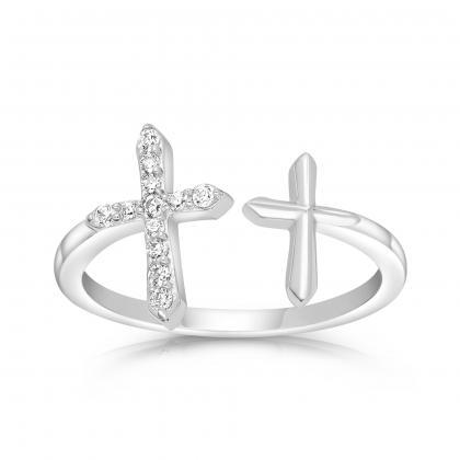 Diamond Cross Sterling Silver Ring, Sideways Cross..