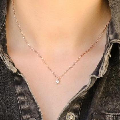 Tiny Cz Diamond Necklace, Gold Solitaire Necklace,..