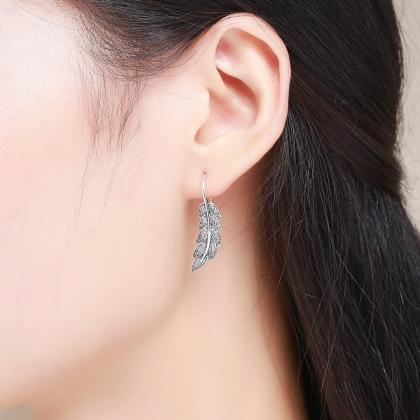 925 Sterling Silver Feather Earrings, Cz Feather..