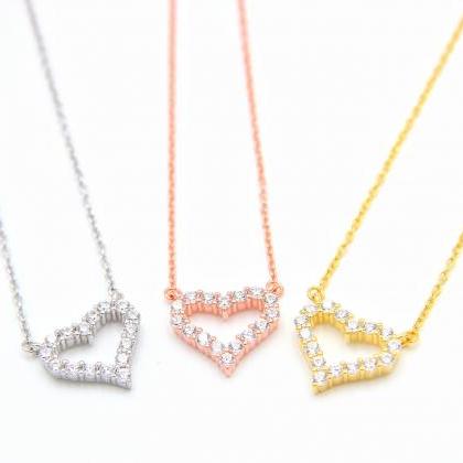 Cz Diamond Heart Necklace, Tiny Heart Charm, 925..