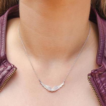 Silver Angel Wing Necklace, Delicate Cz Necklace,..