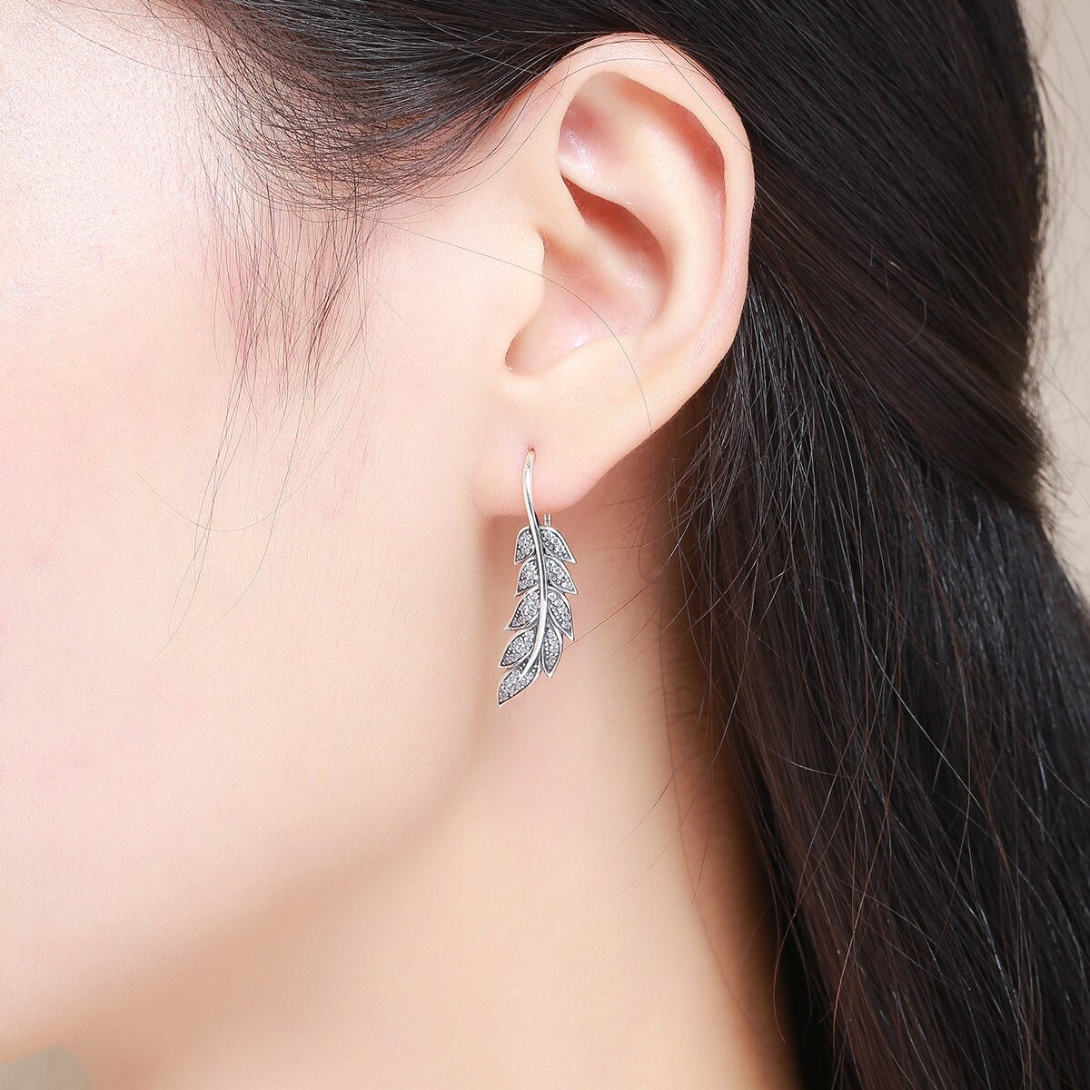 925 Sterling Silver Feather Earrings, Cz Feather Earrings, Silver Cz Earrings, Minimalist Earrings, Dainty Earrings, Silver Dangle Earrings