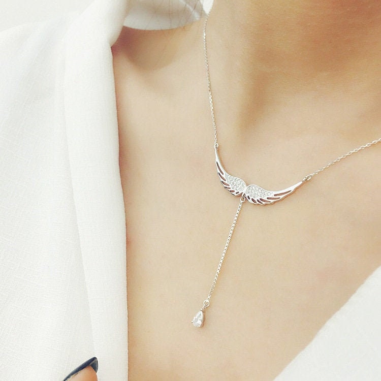 Silver Angel Wing Necklace, Delicate Cz Necklace, Angel Wing Pendant Necklace, Silver Cz Necklace, Dainty Silver Layering Necklace, Minimal