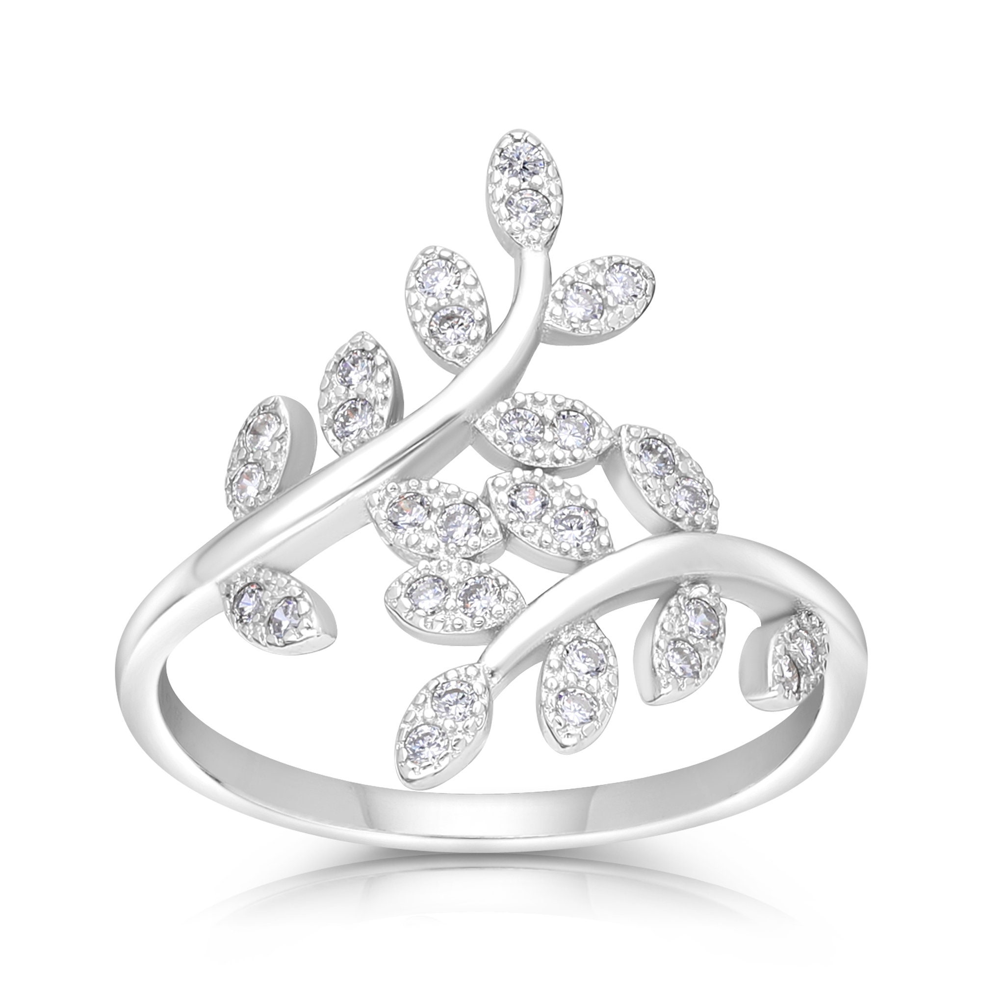 Sterling Silver Leaf Ring, Silver Spiral Ring, CZ Leaf Ring, Leaf